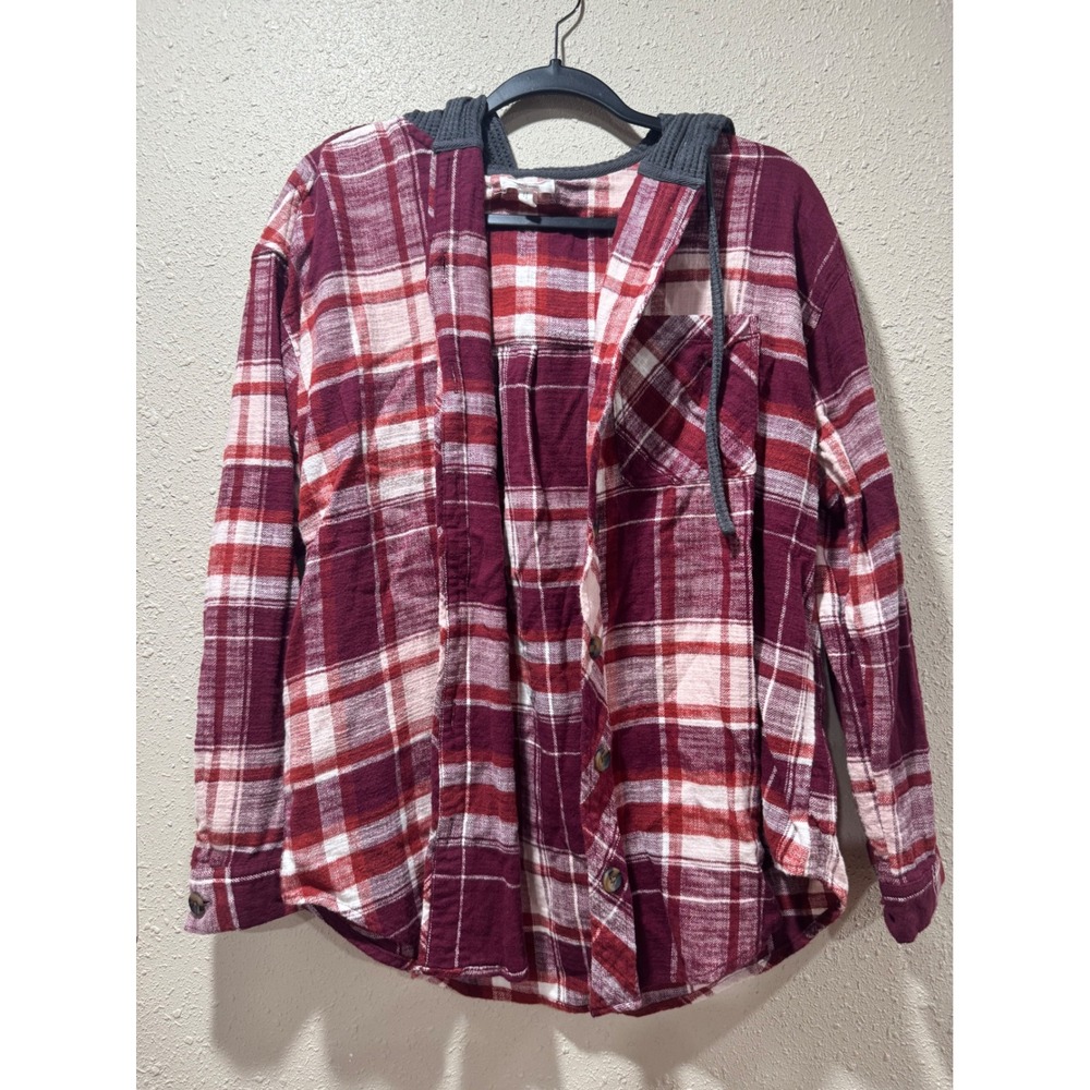 Maurices Burgundy Plaid Hooded Button Down Shirt Womens Medium Red Waffle‎ Hood